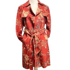 Anthropologie Solitaire Floral Red /Tan faux Suede belted Trench Coat Sz S